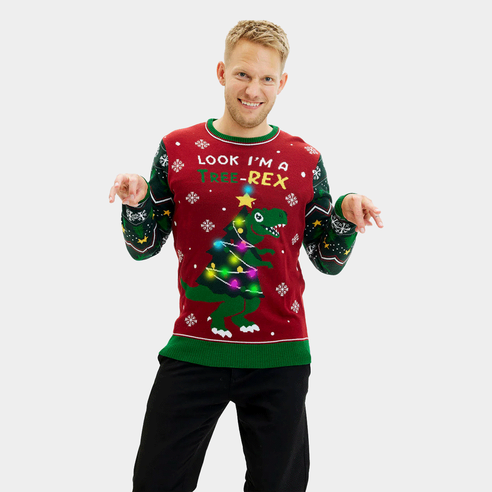 Jersey de Navidad con Luces LED para Hombre Christmas Tree-Rex hombre