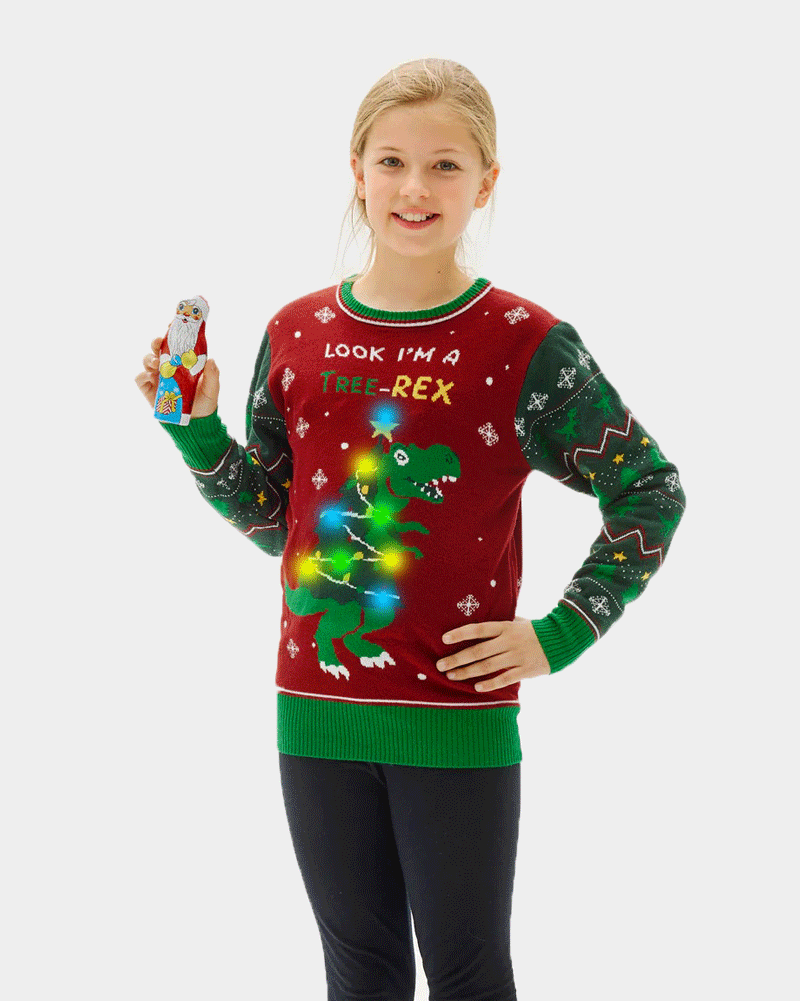 Jersey de Navidad con Luces LED para Familia Christmas Tree-Rex niñas