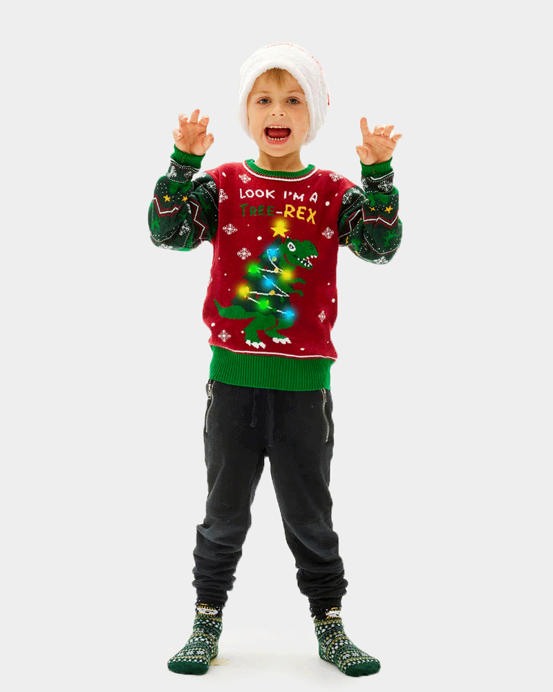 Jersey de Navidad con Luces LED para Familia Christmas Tree-Rex niños