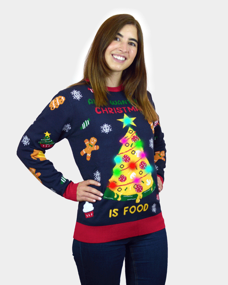 Jersey de Navidad con Luces LED Parejas Christmas Food mujer