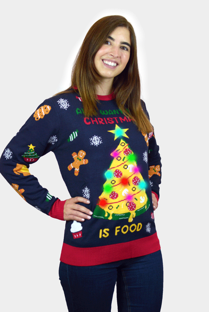 Jersey de Navidad con Luces LED Parejas Christmas Food mujer