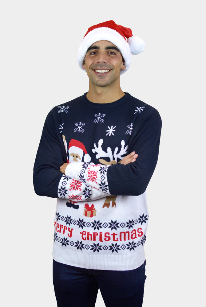 Jersey de Navidad Azul Papá Noel Reno Rudolph Algodón Orgánico para Hombre