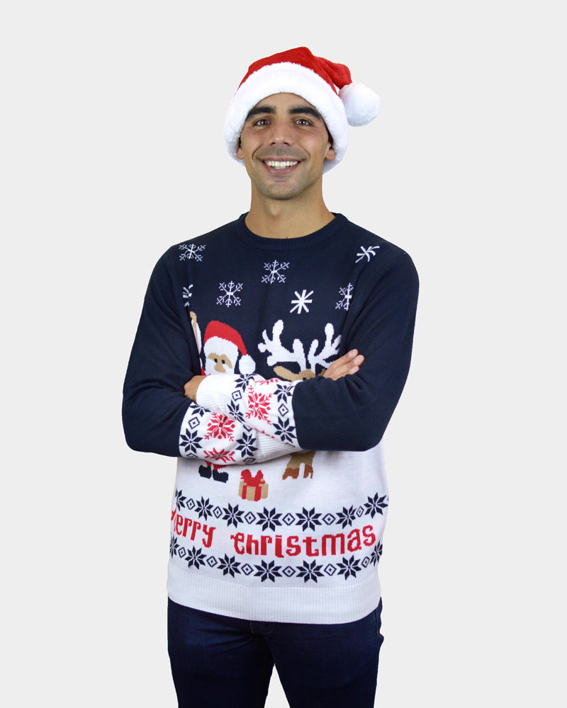 Jersey de Navidad Azul Papá Noel y Reno Rudolph para Hombre