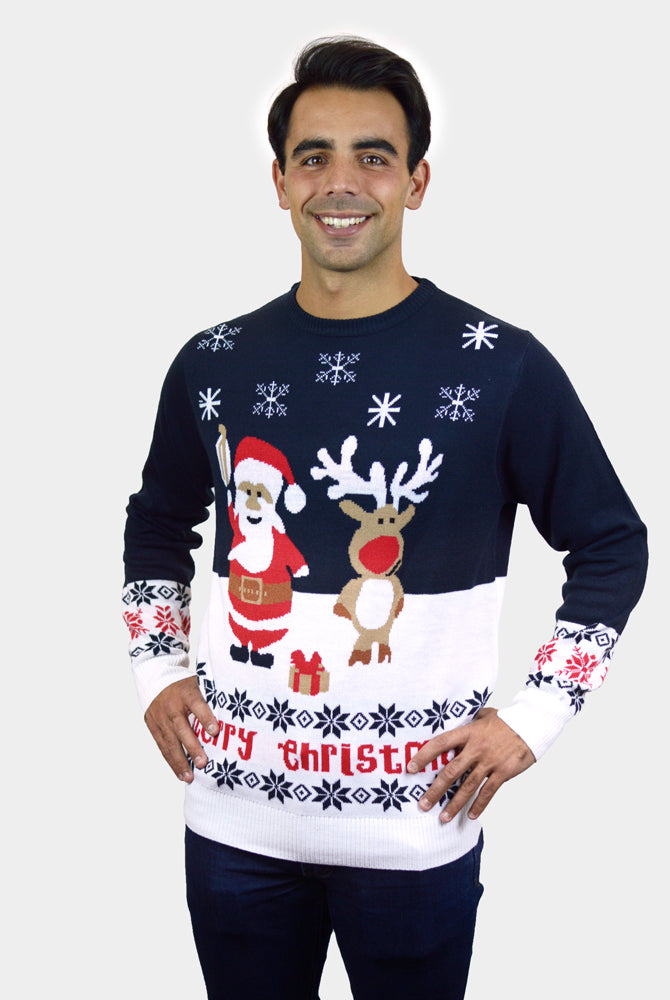 Jersey de Navidad Azul para Hombre Papá Noel y Reno Rudolph