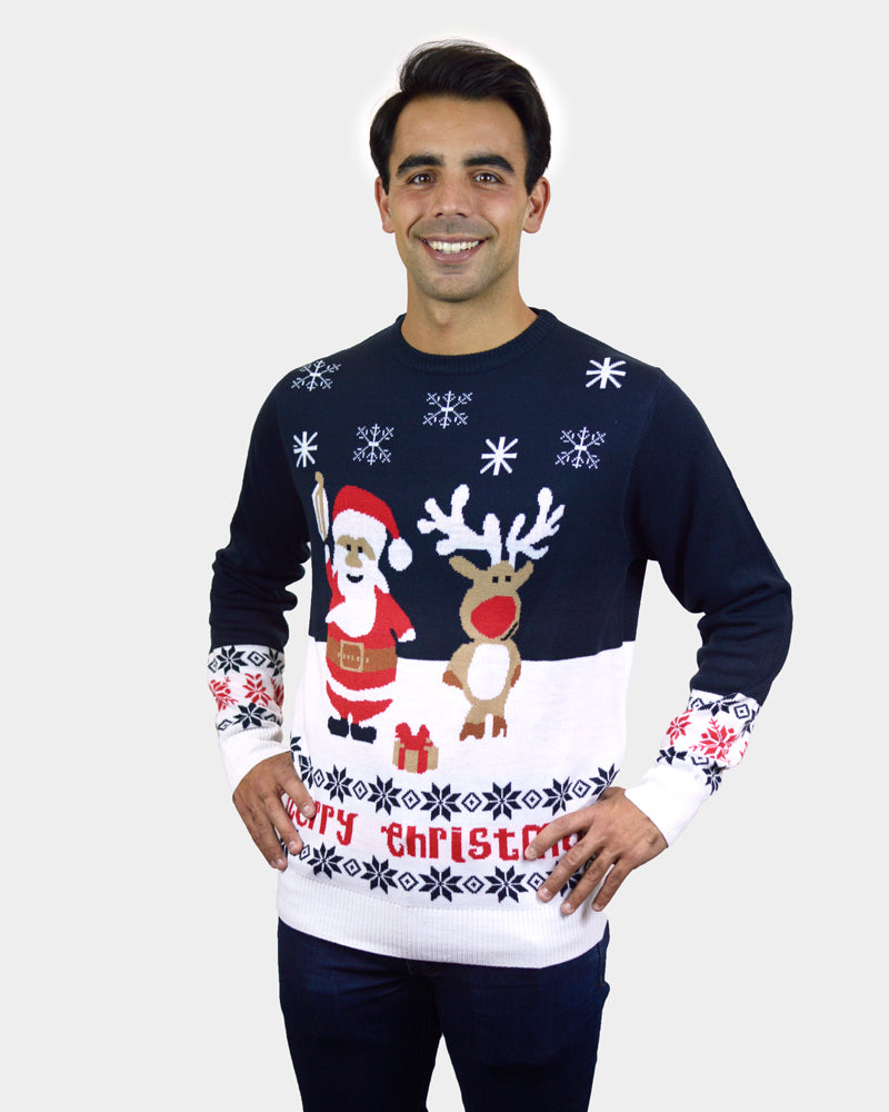 Jersey de Navidad Azul Papá Noel Reno para Hombre Rudolph Algodón Orgánico