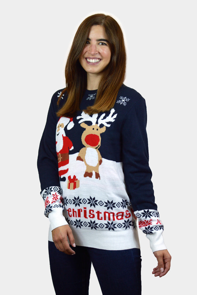 Jersey de Navidad para Familia Azul Papá Noel y Reno Rudolph mujer