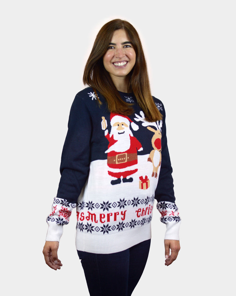 Jersey de Navidad Azul Papá Noel y Reno Rudolph para Mujer