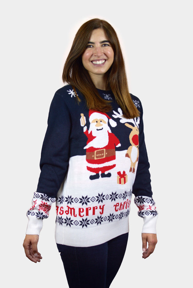 Jersey de Navidad Azul Papá Noel Reno Rudolph Algodón Orgánico para Mujer