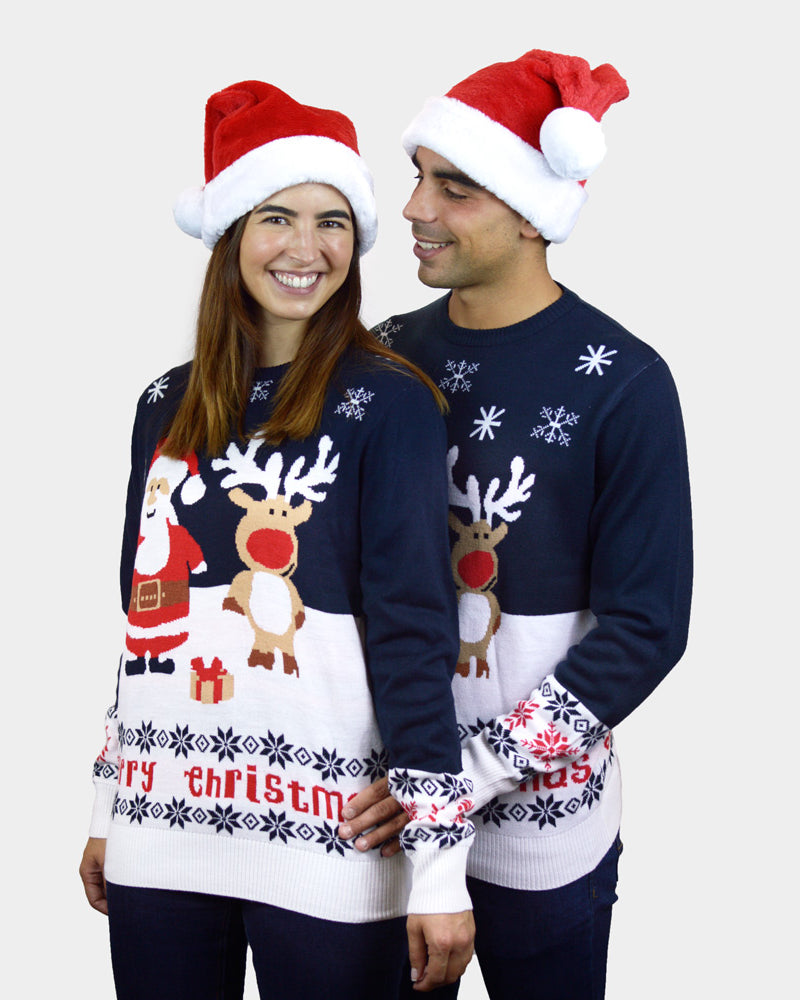 Jersey de Navidad para Familia Azul Papá Noel y Reno Rudolph pareja