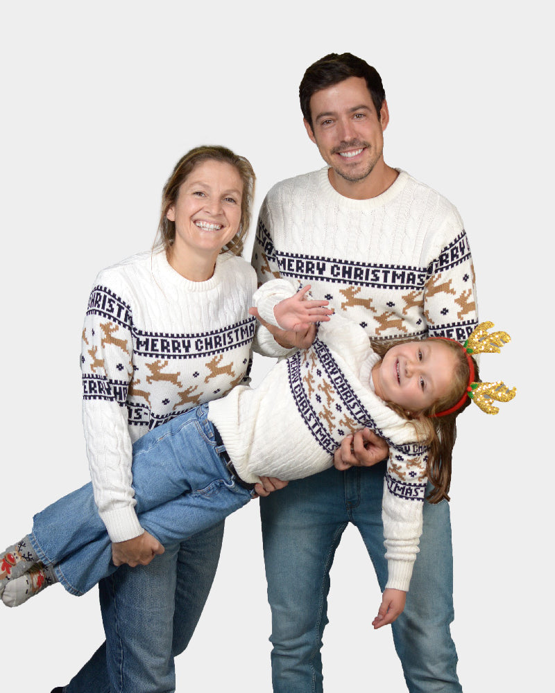 Jersey de Navidad para Familia Elegante Blanco con Renos Algodón Orgánico