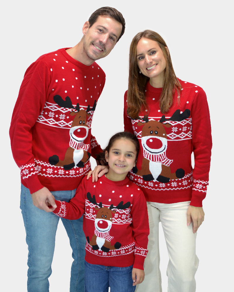 Jersey de Navidad para Familia Rojo Reno Rudolph Bufanda