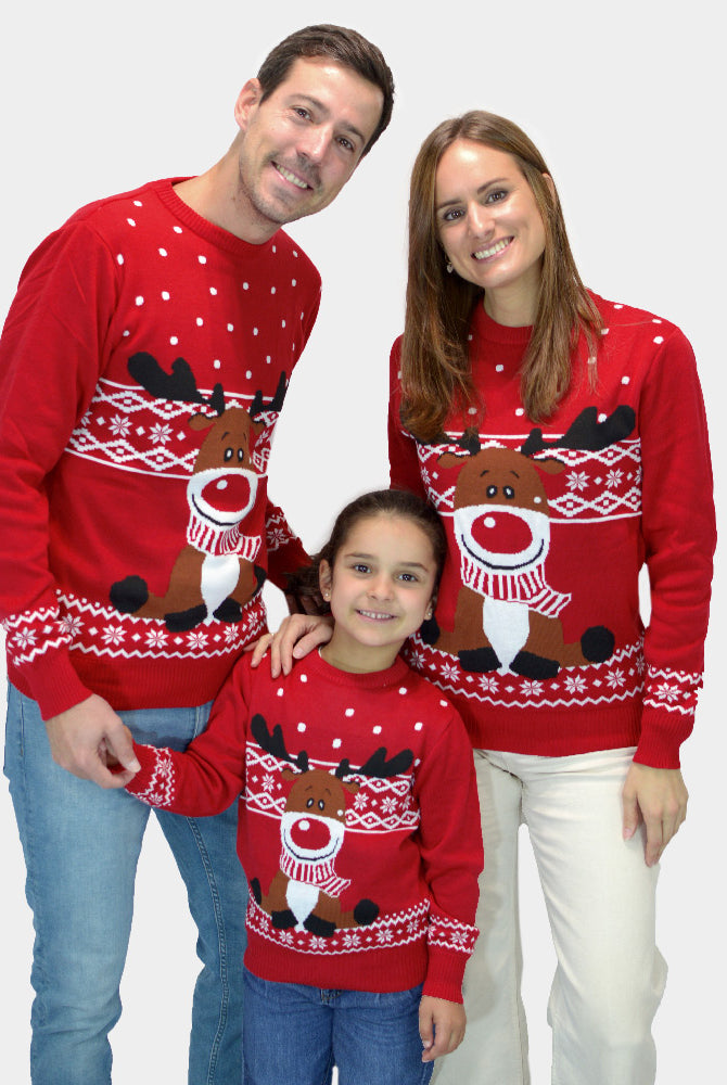 Jersey de Navidad para Familia Rojo Reno Rudolph Bufanda