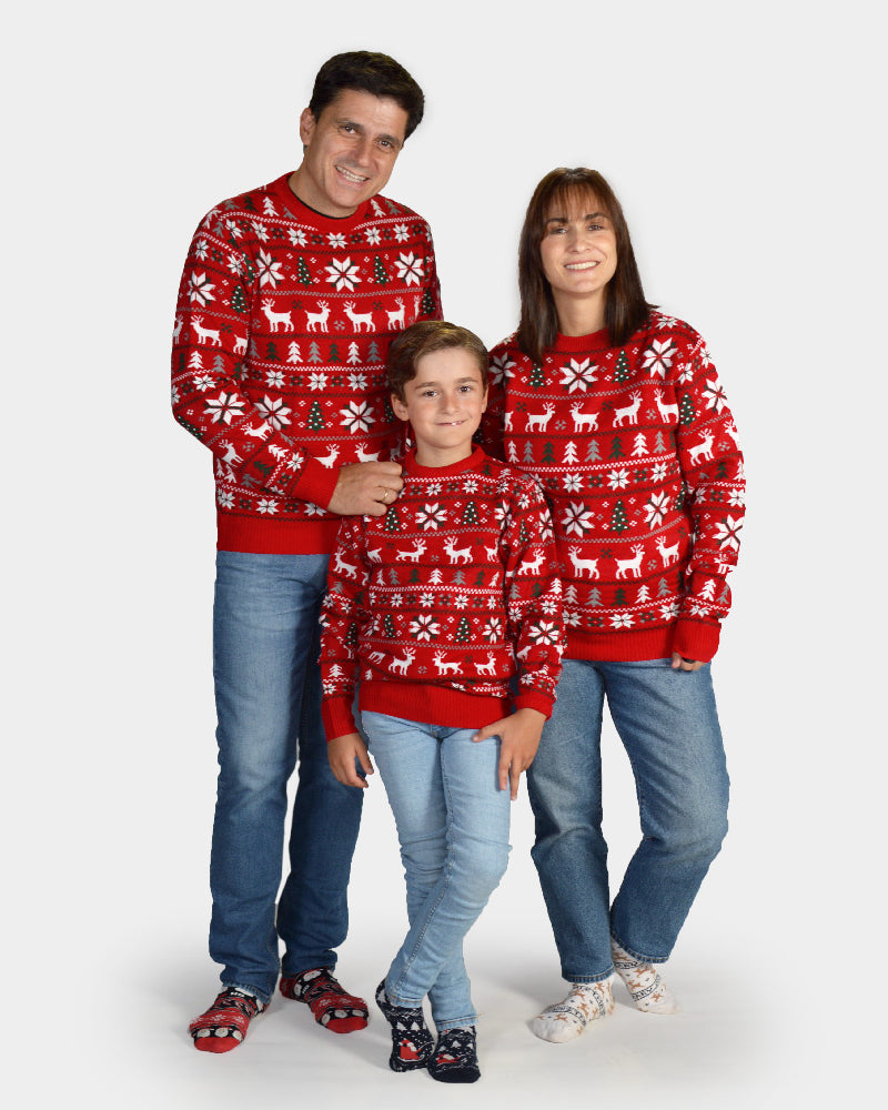 Jersey de Navidad para Familia Rojo Renos, Árboles y Estrellas Polares