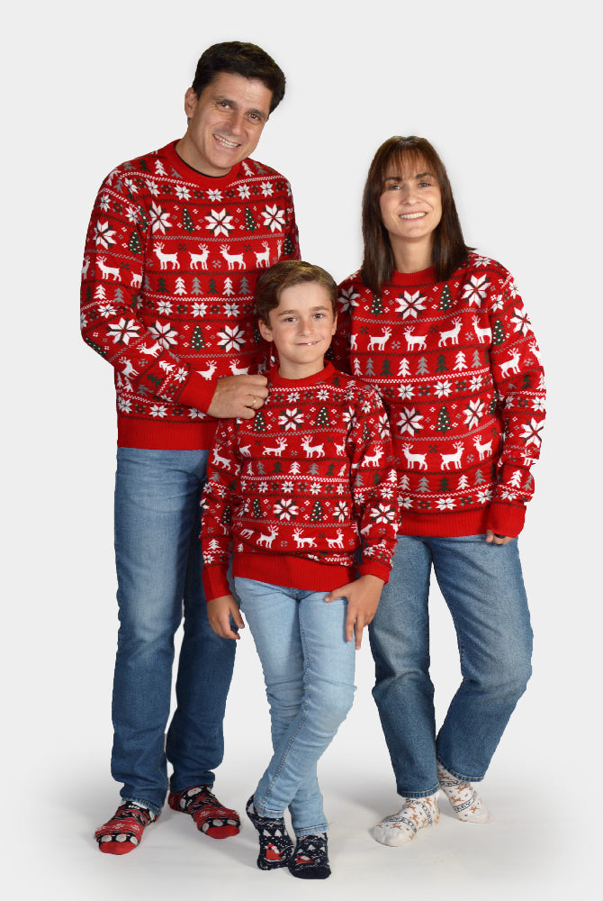 Jersey de Navidad para Familia Rojo Renos, Árboles y Estrellas Polares