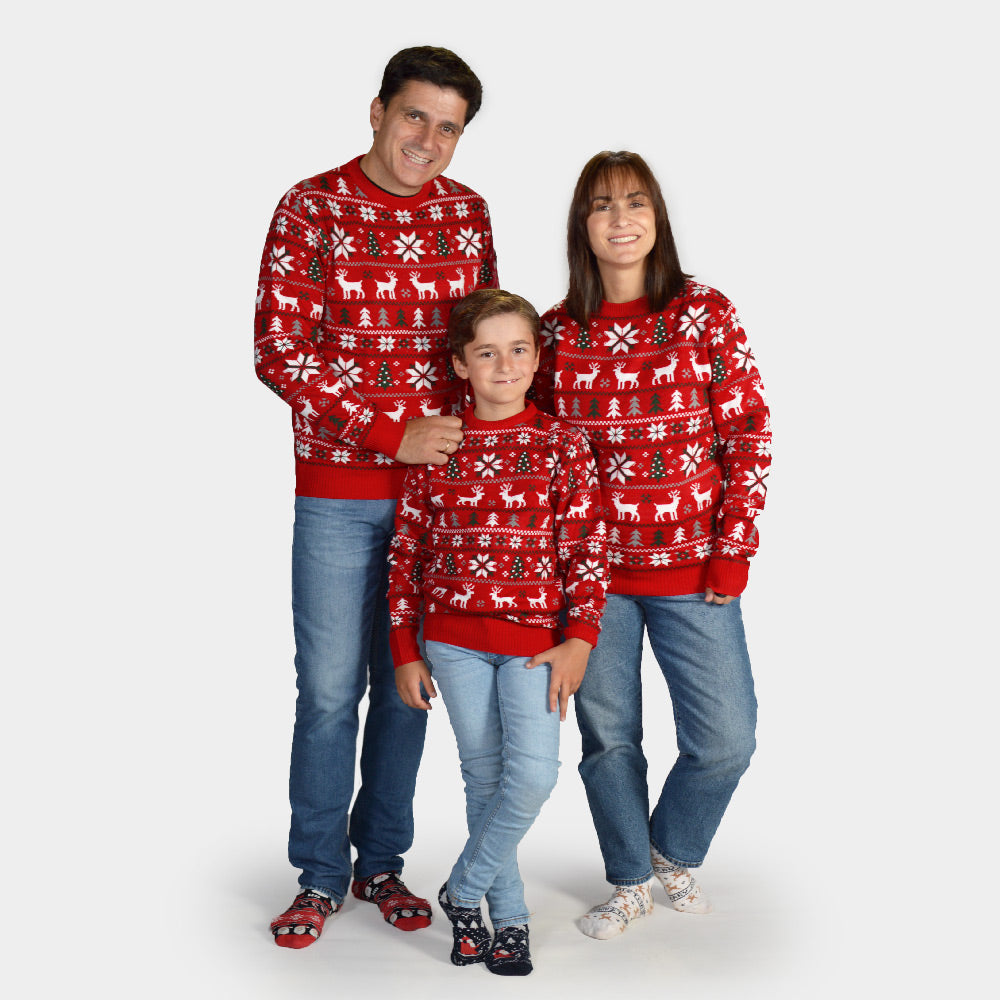 Jersey de Navidad para Familia Rojo Renos, Árboles y Estrellas Polares