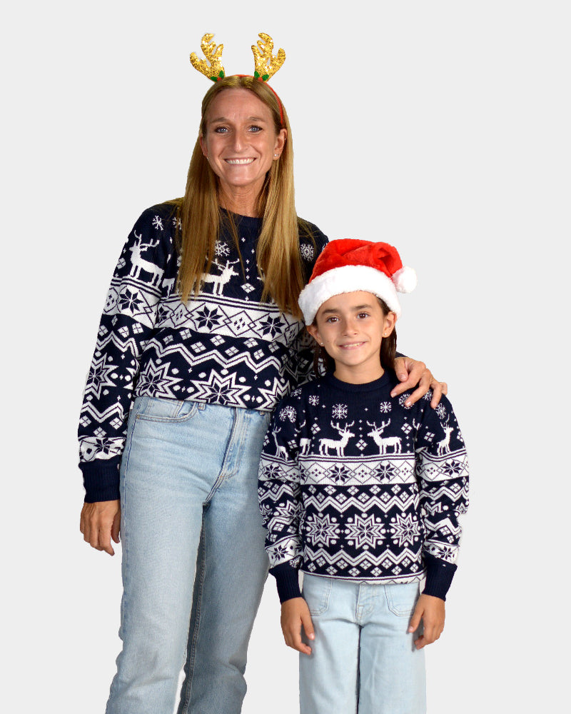 Jersey Navideño para Familia con Renos y Estrellas Azul Nordic