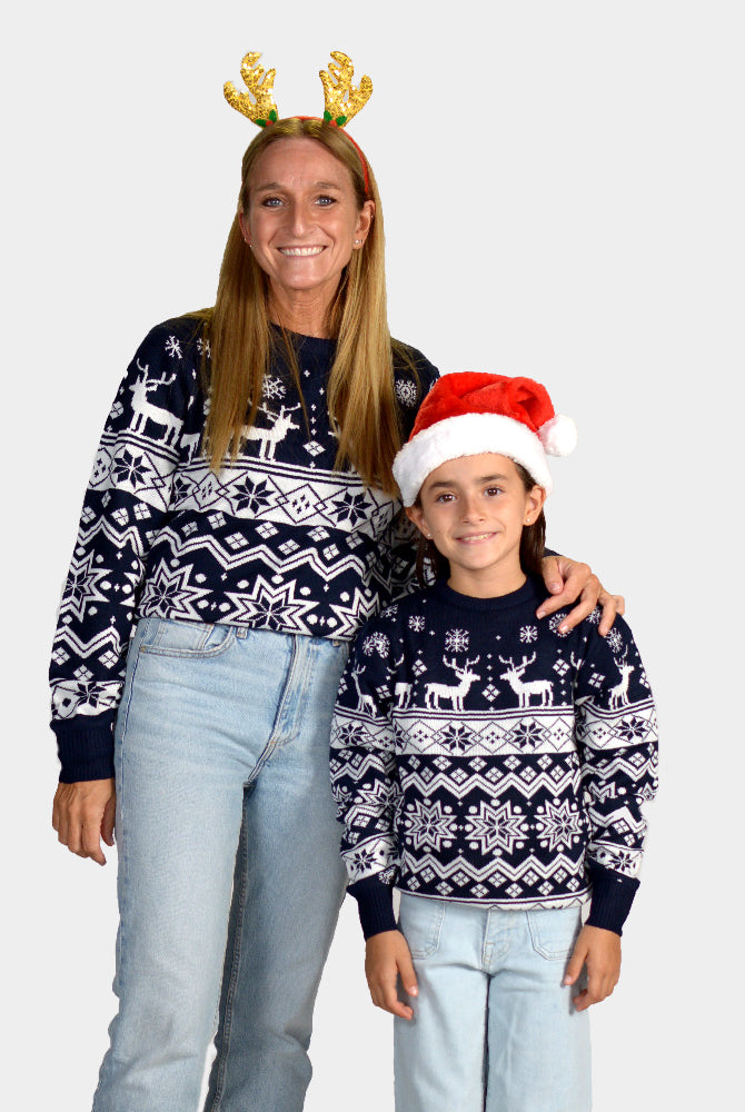 Jersey Navideño para Familia con Renos y Estrellas Azul Nordic