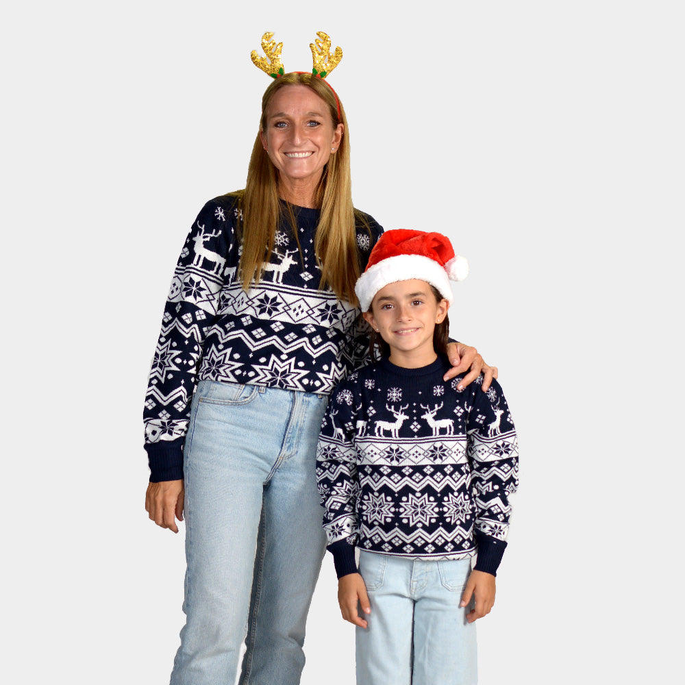 Jersey Navideño para Familia con Renos y Estrellas Azul Nordic