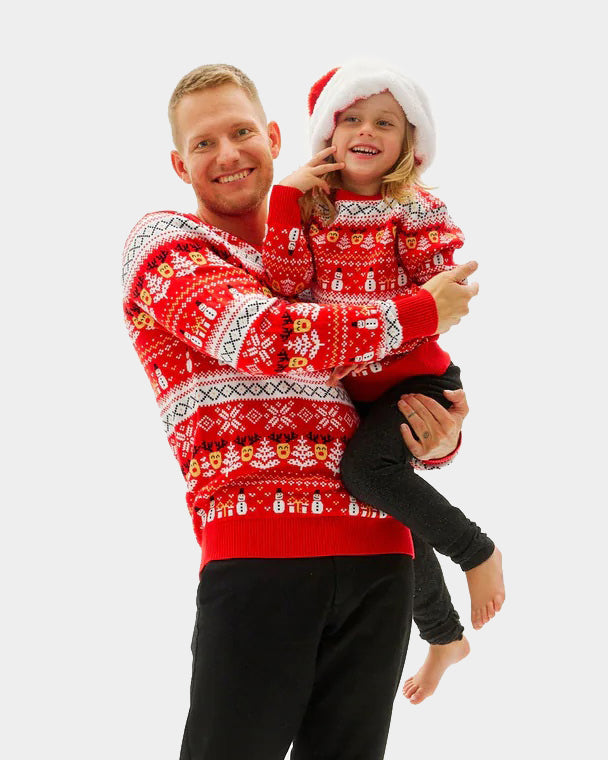 Jersey de Navidad Familia Rojo Muñecos y Cenefas Algodón Orgánico