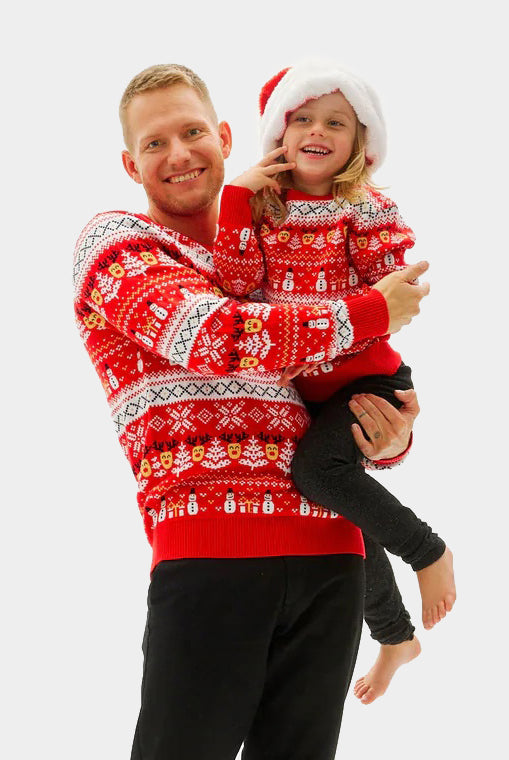 Jersey de Navidad Niña y Niño Rojo Muñecos y Cenefas Algodón Orgánico familia