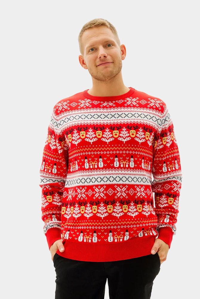 Jersey de Navidad para Hombre Rojo Muñecos de Nieve y Cenefas Algodón Orgánico