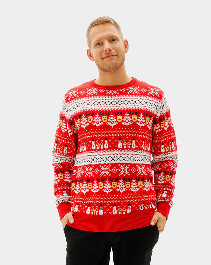 Jersey de Navidad para Hombre Rojo Muñecos de Nieve y Cenefas Algodón Orgánico