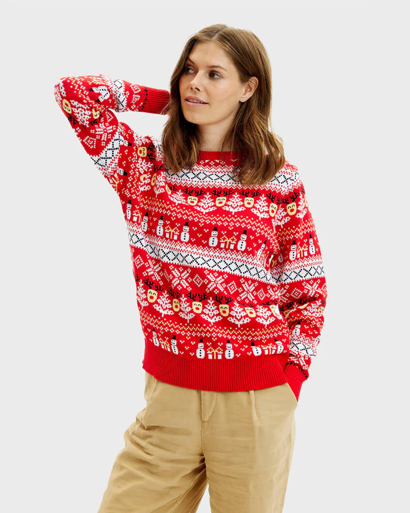 Jersey de Navidad Familia Rojo Muñecos y Cenefas Algodón Orgánico mujer