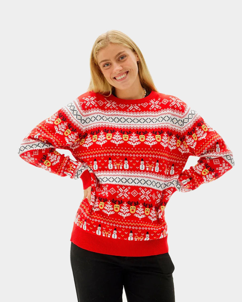 Jersey de Navidad para Mujer Rojo Muñecos de Nieve y Cenefas Algodón Orgánico