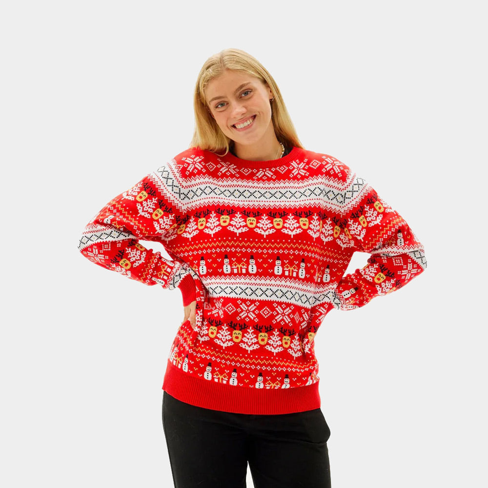 Jersey de Navidad para Mujer Rojo Muñecos de Nieve y Cenefas Algodón Orgánico