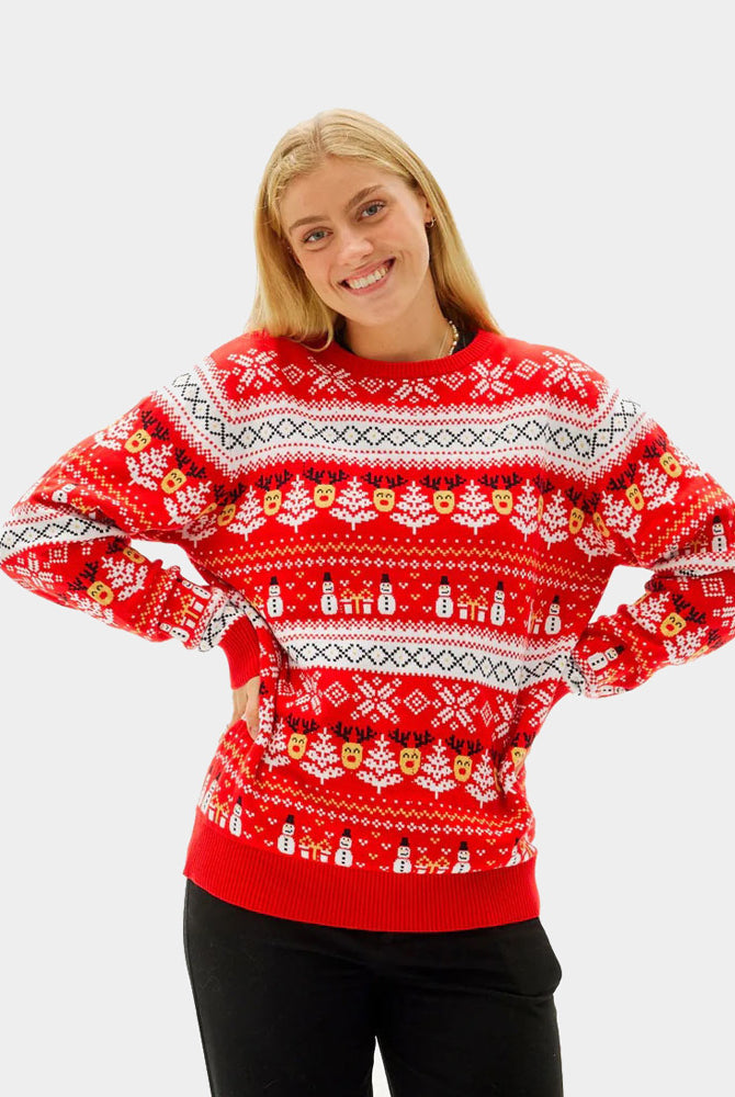 Jersey de Navidad Parejas Rojo Muñecos de Nieve y Cenefas Algodón Orgánico mujer