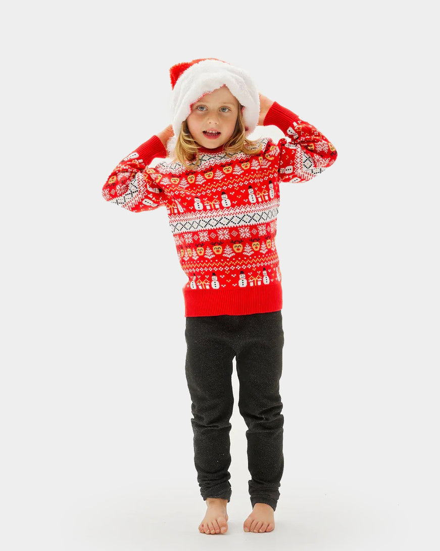 Jersey de Navidad Familia Rojo Muñecos y Cenefas Algodón Orgánico niños