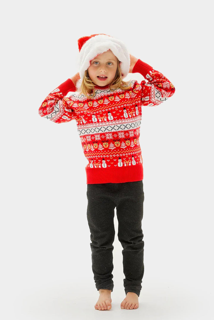 Jersey de Navidad Familia Rojo Muñecos y Cenefas Algodón Orgánico niños