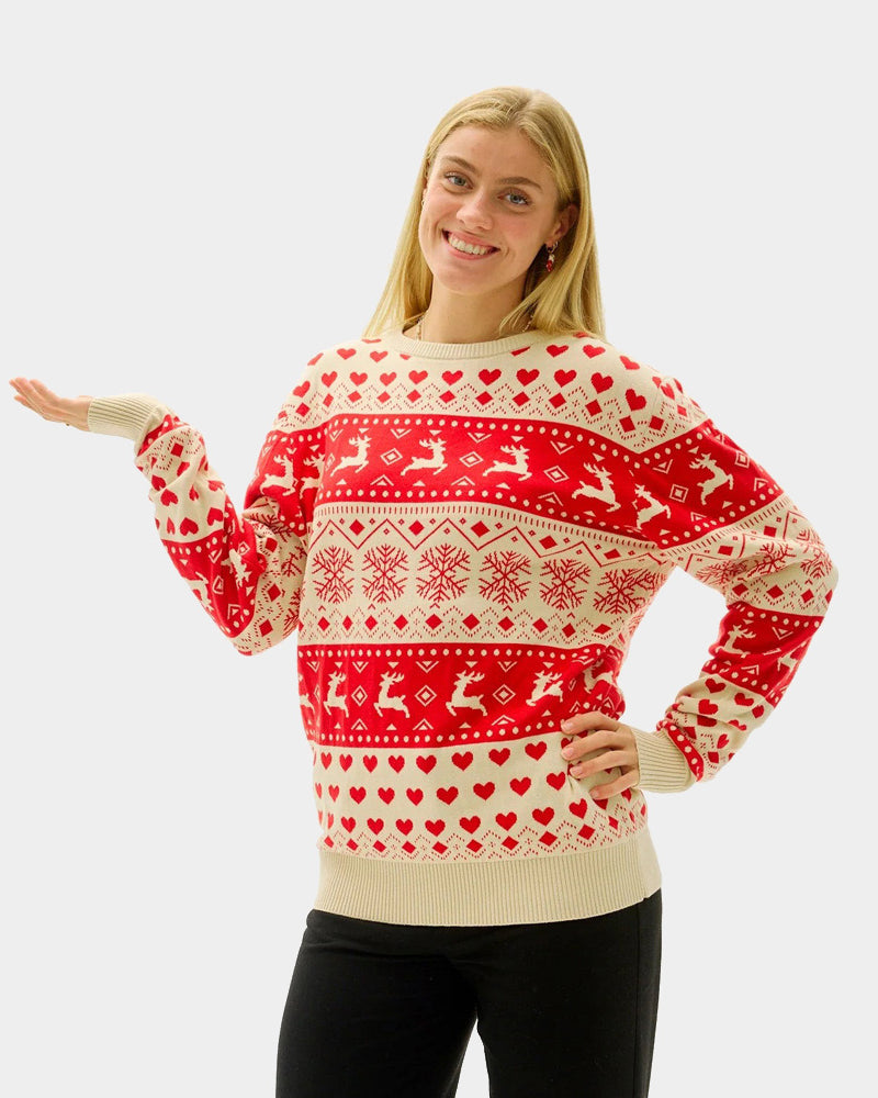 Jersey de Navidad para Mujer Corazones Rojos y Beige Algodón Orgánico