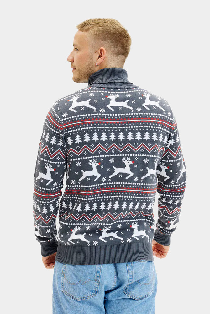 Algodón Orgánic Jersey de Navidad de cuello alto para Hombre Gris con Renos o