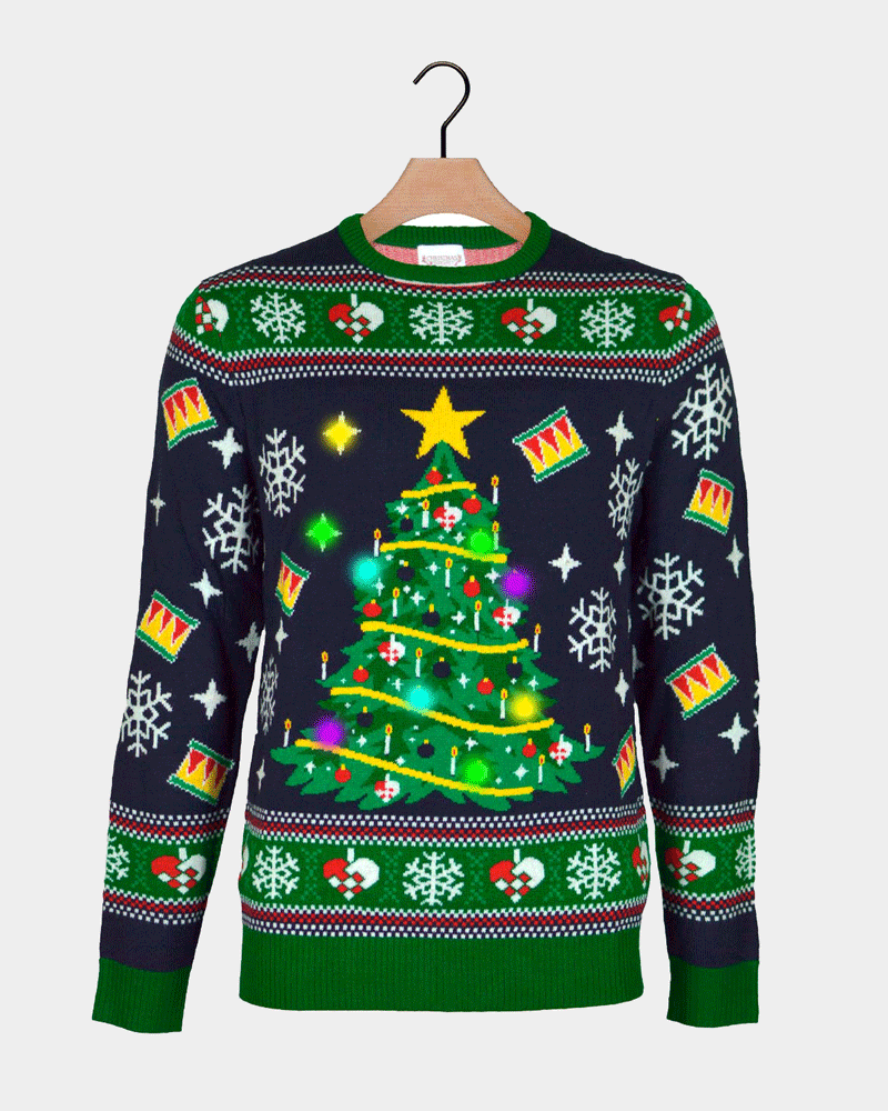 Jersey de Navidad Luces LED Familia Azul Árbol Navidad