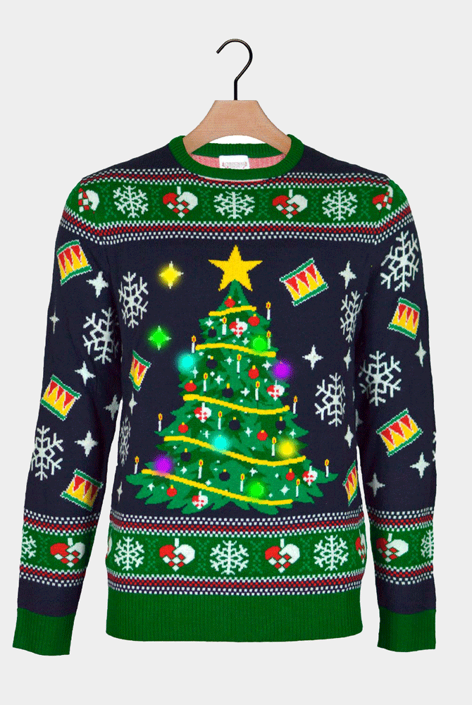 Jersey de Navidad Luces LED Familia Azul Árbol Navidad