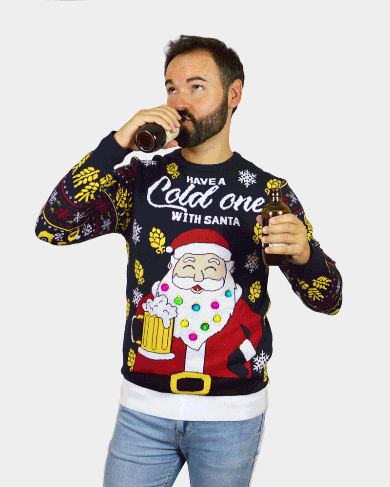 Santa con Cerveza Jersey de Navidad Hombre con Luces LED