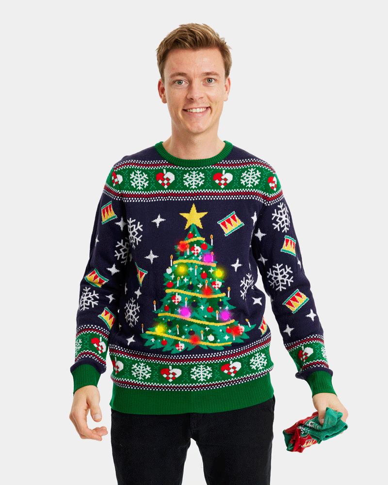 Hombre Jersey de Navidad con Luces LED Parejas Azul con Árbol Navidad