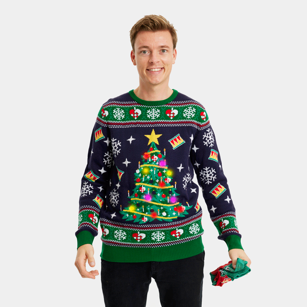 Hombre Jersey de Navidad con Luces LED Parejas Azul con Árbol Navidad