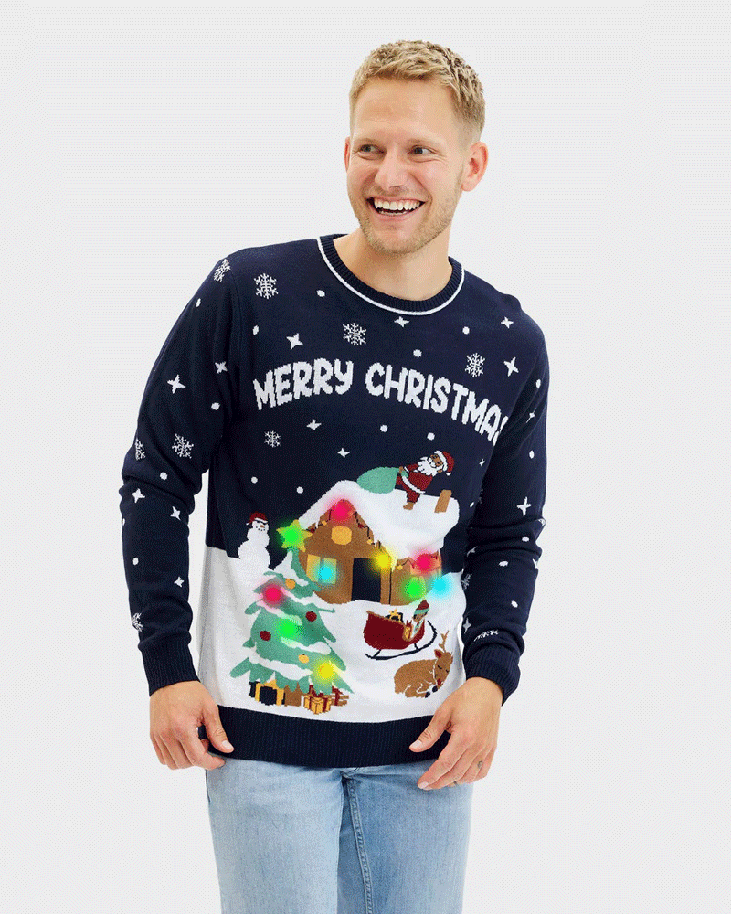 Jersey de Navidad con Luces LED Parejas Azul Merry Christmas hombre