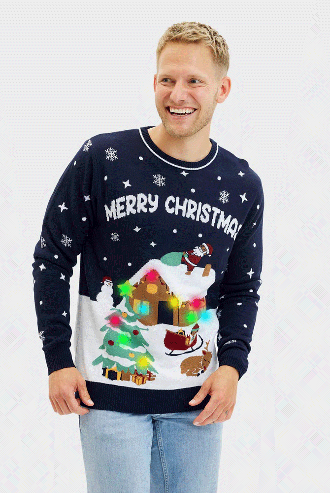 Jersey de Navidad con Luces LED Parejas Azul Merry Christmas hombre