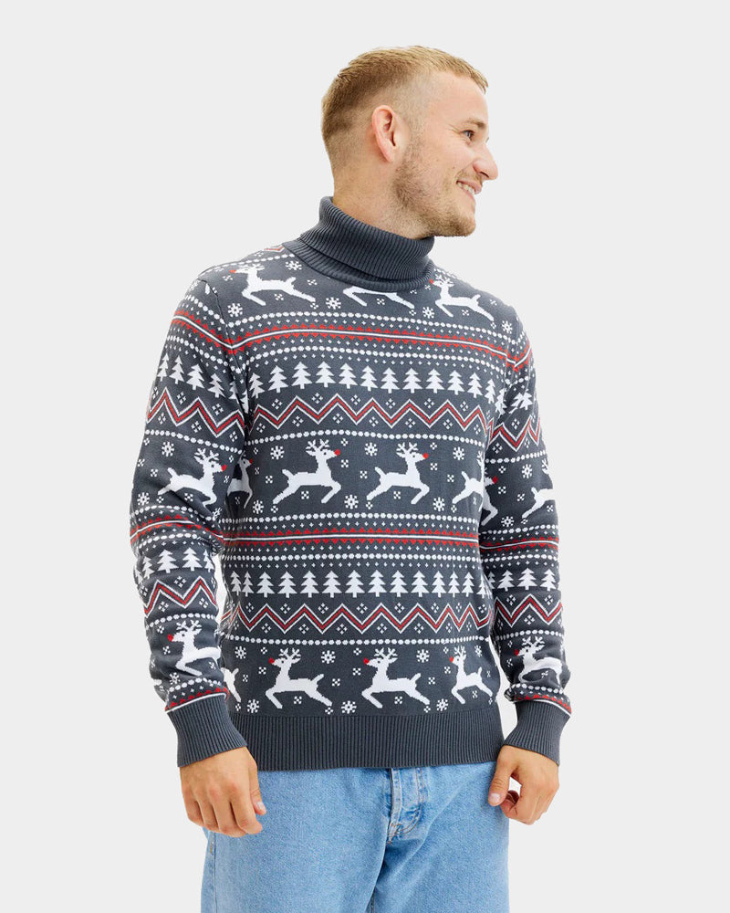 Jersey de Navidad cuello alto Hombre Gris Renos Algodón Orgánico