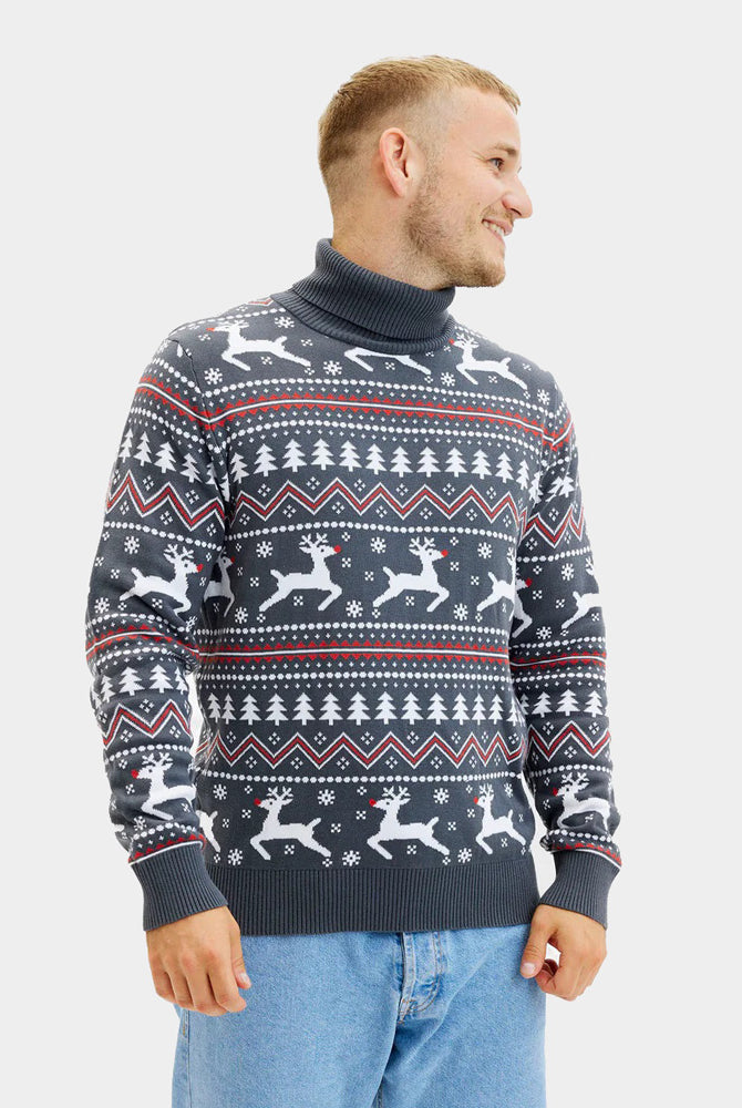 Jersey de Navidad cuello alto Hombre Gris Renos Algodón Orgánico