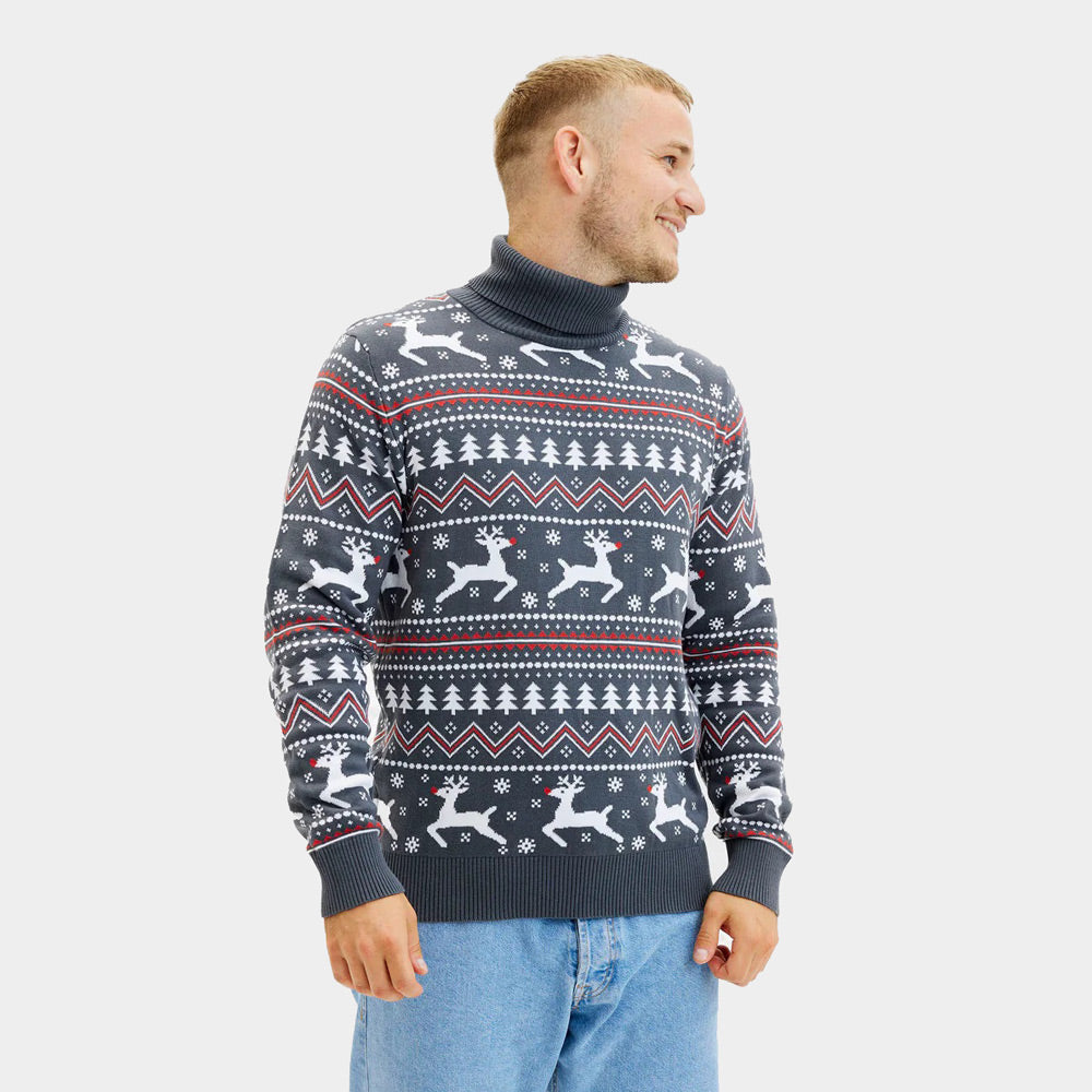 Jersey de Navidad cuello alto Hombre Gris Renos Algodón Orgánico