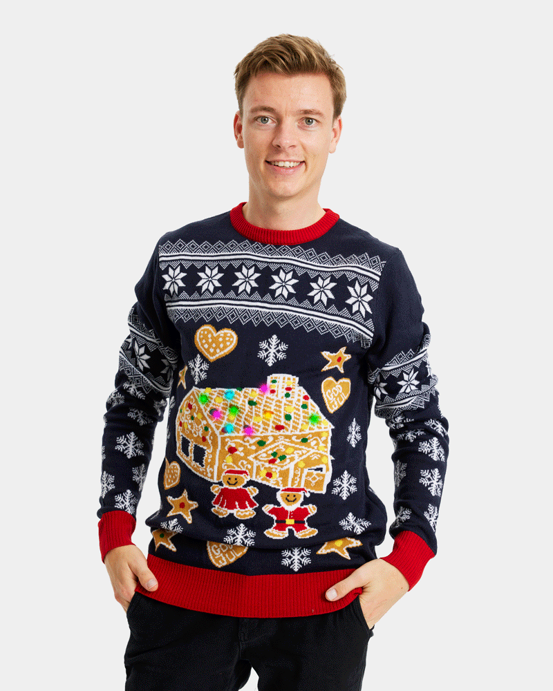 Hombre Jersey de Navidad con Luces LED Parejas Casa Gingerbread