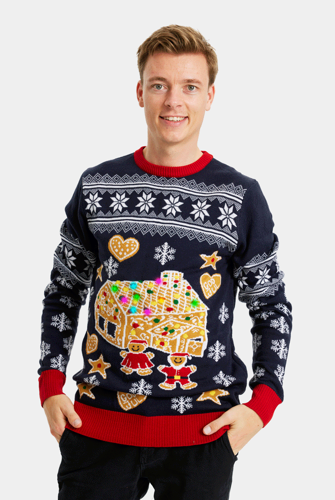 Hombre Jersey de Navidad con Luces LED Parejas Casa Gingerbread