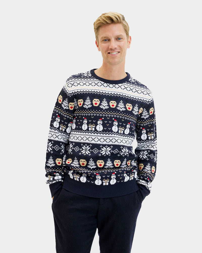 Jersey de Navidad Parejas Azul Muñecos de Nieve y Cenefas Hombre