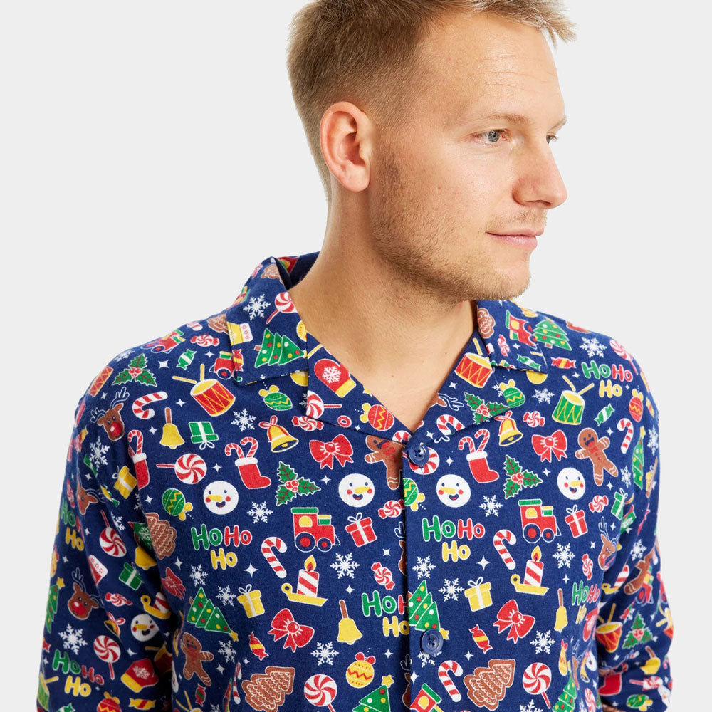 Hombre Pijama de Navidad para Familia Azul con Motivos Navideños