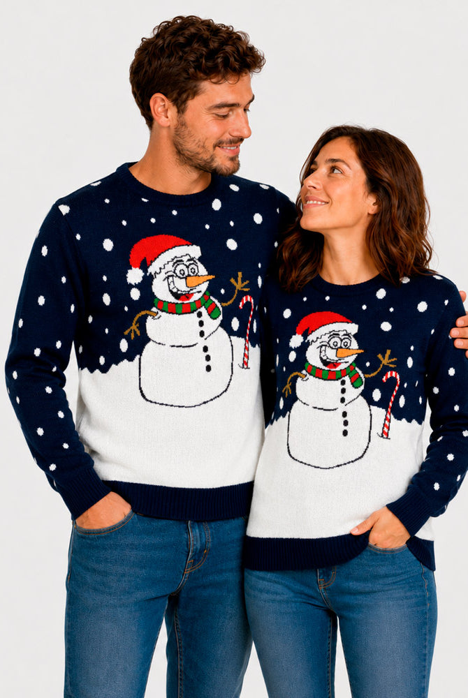 Jersey de Navidad Azul Marino Muñeco de Nieve Pareja