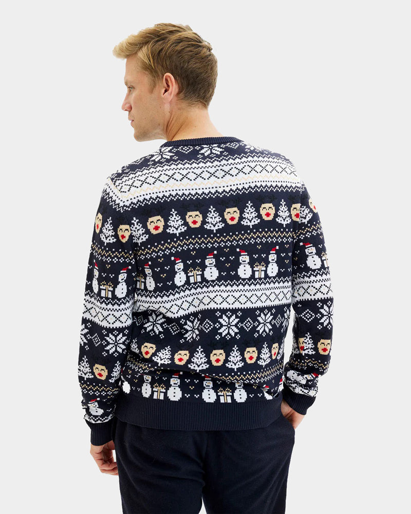 Jersey de Navidad Azul Muñecos de Nieve y Cenefas hombre